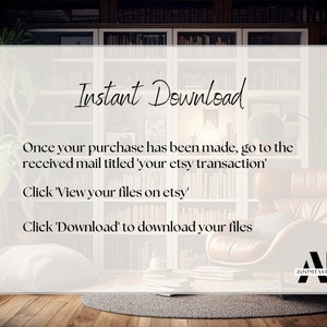 May include: A white card with rounded corners and a black border, with the text "Instant Download" in a handwritten font. The card is set against a background of a brown leather armchair in a library setting with bookshelves filled with books.