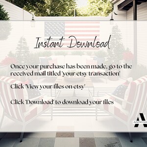 Puede incluir: Un gr&aacute;fico de descarga digital con el texto "Descarga instant&aacute;nea" en un patio blanco con sillas a rayas rojo, blanco y azul y una bandera. El texto debajo del t&iacute;tulo dice "Una vez que se haya realizado su compra, vaya al correo recibido titulado 'su transacci&oacute;n de etsy'. Haga clic en Ver sus archivos en etsy. Haga clic en 'Descargar' para descargar sus archivos."