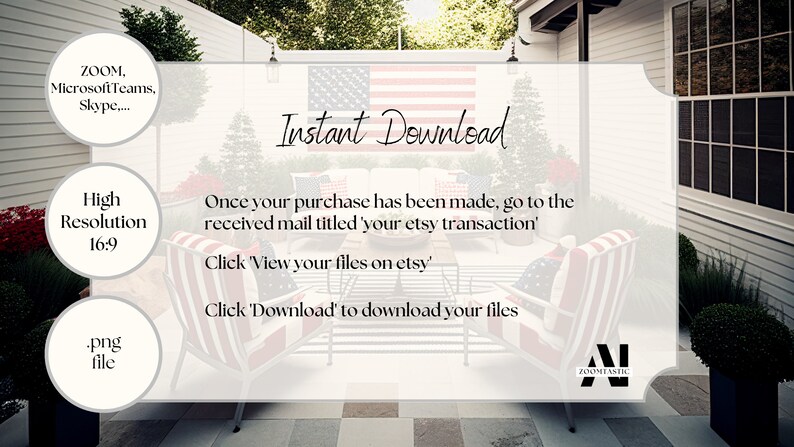 Puede incluir: Un gr&aacute;fico de descarga digital con el texto "Descarga instant&aacute;nea" en un patio blanco con sillas a rayas rojo, blanco y azul y una bandera. El texto debajo del t&iacute;tulo dice "Una vez que se haya realizado su compra, vaya al correo recibido titulado 'su transacci&oacute;n de etsy'. Haga clic en Ver sus archivos en etsy. Haga clic en 'Descargar' para descargar sus archivos."