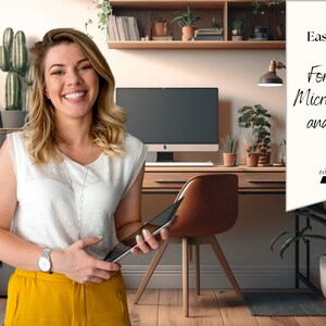 May include: A woman smiles while holding a tablet in a home office setting. The text on the white banner reads "Easy to use! For Zoom, Microsoft Teams and more..." with the logo "AI Zoomtastic".