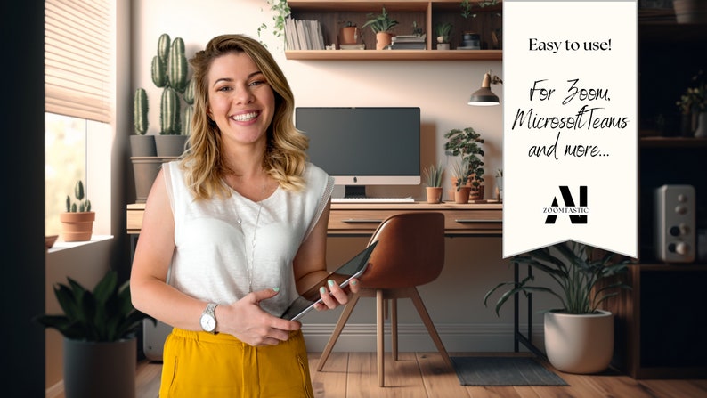 May include: A woman smiles while holding a tablet in a home office setting. The text on the white banner reads "Easy to use! For Zoom, Microsoft Teams and more..." with the logo "AI Zoomtastic".