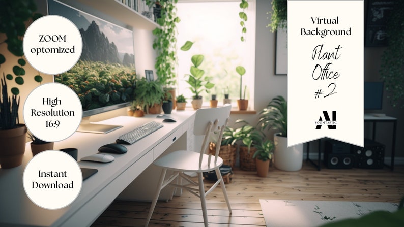 Puede incluir: Una imagen de fondo virtual que muestra una oficina en casa con un escritorio blanco, una silla blanca y un monitor de computadora. La habitaci&oacute;n est&aacute; decorada con muchas plantas y una ventana con luz natural. El texto "Virtual Background Plant Office #2" se muestra en la esquina superior derecha de la imagen.