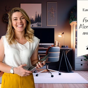 K&ouml;nnte beinhalten: Eine Frau l&auml;chelt, w&auml;hrend sie ein Tablet in einem Heimb&uuml;ro h&auml;lt. Das B&uuml;ro verf&uuml;gt &uuml;ber einen schwarzen Schreibtisch, einen schwarzen B&uuml;rostuhl, einen Weihnachtsbaum und einen wei&szlig;en Teppich. Der Text auf dem wei&szlig;en Banner lautet "Einfach zu bedienen! F&uuml;r Zoom, Microsoft Teams und mehr... Zoomtastic AI."