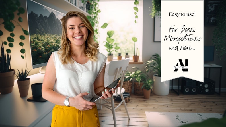 Puede incluir: Una mujer con un top blanco sin mangas y pantalones amarillos sostiene una tableta en una oficina en casa. El texto en la pared dice "F&aacute;cil de usar! Para Zoom, Microsoft Teams y m&aacute;s..." con un logotipo que dice "ZoomText Inc."