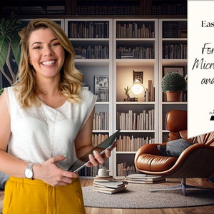 May include: A woman smiles while holding a tablet in a room with a bookshelf, a leather armchair, and a potted plant. The text on the white sign reads "Easy to use! For Zoom, Microsoft Teams and more... Zoomtastic"