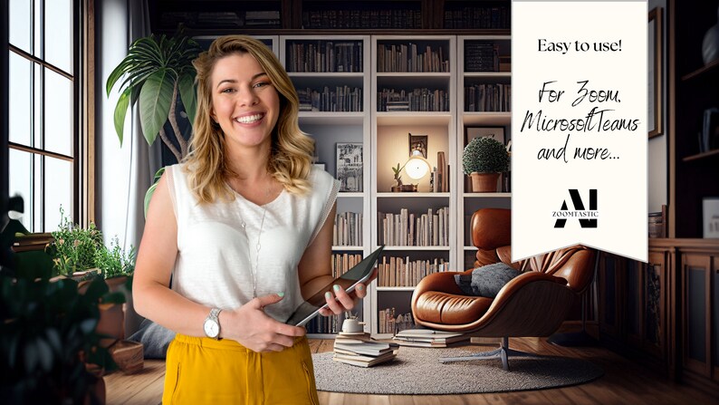 May include: A woman smiles while holding a tablet in a room with a bookshelf, a leather armchair, and a potted plant. The text on the white sign reads "Easy to use! For Zoom, Microsoft Teams and more... Zoomtastic"