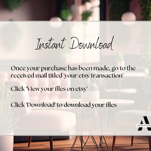 May include: A white card with the text "Instant Download" and instructions on how to download digital files after purchase. The card is in front of a blurred background of a cafe interior with plants and furniture.