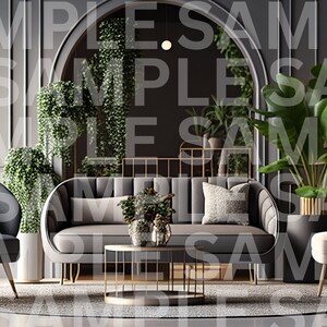 May include: A modern living room setting with gray and beige furniture. The scene includes a sofa, two armchairs, a coffee table, and decorative plants. Gold accents are visible on the furniture legs and wall decor. The room has a neutral color palette.