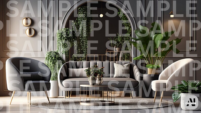 May include: A modern living room setting with gray and beige furniture. The scene includes a sofa, two armchairs, a coffee table, and decorative plants. Gold accents are visible on the furniture legs and wall decor. The room has a neutral color palette.