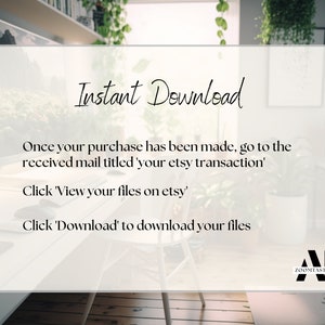 Puede incluir: Una tarjeta blanca con el texto "Descarga instant&aacute;nea" en fuente cursiva negra. La tarjeta tambi&eacute;n incluye instrucciones sobre c&oacute;mo descargar archivos digitales despu&eacute;s de la compra. La tarjeta est&aacute; colocada sobre un fondo de oficina en casa con plantas y una computadora.