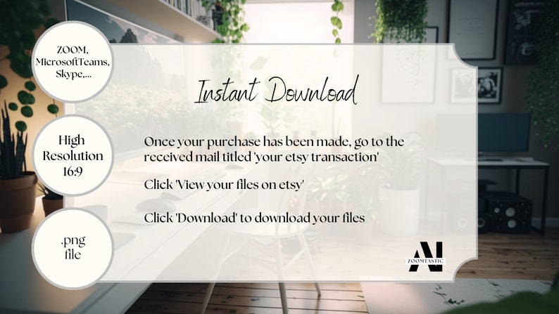 Puede incluir: Una tarjeta blanca con el texto "Descarga instant&aacute;nea" en fuente cursiva negra. La tarjeta tambi&eacute;n incluye instrucciones sobre c&oacute;mo descargar archivos digitales despu&eacute;s de la compra. La tarjeta est&aacute; colocada sobre un fondo de oficina en casa con plantas y una computadora.