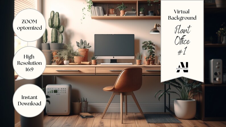 May include: A virtual background image featuring a home office with a wooden desk, a computer monitor, a brown leather chair, and many potted plants. The text "Virtual Background Plant Office #1" is displayed on a white banner.