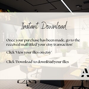 May include: A white card with the text "Instant Download" and instructions on how to download a digital product. The card is in front of a blurred image of a modern office with a large table and chairs.