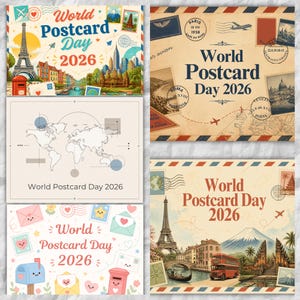 May include: A collection of five rectangular postcards featuring the text World Postcard Day 2026. Designs include colorful travel illustrations, vintage airmail themes with stamps and postmarks, a simple world map, and cute mail-themed graphics.