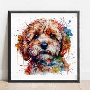 May include: A framed watercolour print of a dog's face. The dog has brown fur and is surrounded by colourful paint splatters in shades of blue, orange, green, and yellow. The artwork is displayed in a black frame.