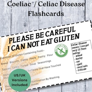 Tarjeta didáctica para niños sin gluten sobre la enfermedad celíaca, seguridad para la dieta sin gluten, lista de alimentos, concientización escolar sobre la enfermedad celíaca, cita de juegos para personas autoinmunes, lonchera