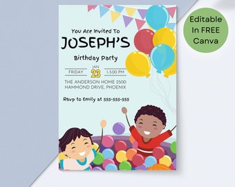 Soft Play And Ball Pit Kid&#39;s Birthday Invitation Custom Outside Child’s Party Invite Personalised Garden Party For Children Cute Balloons