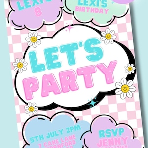 Invitación editable con cara sonriente para fiesta / Invitación digital con parche preppy / Invitación de cumpleaños retro universitaria con cuadros de margaritas