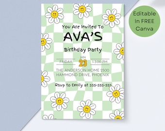 Editable Checked Daisy Invite For Girl&#39;s Birthday Party Invitation Custom Child’s Invite Personalised Kid&#39;s Floral Checkered Trendy Design