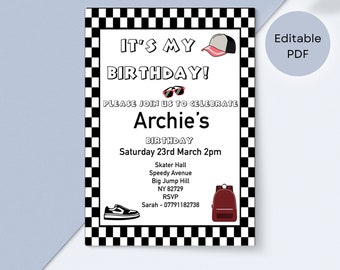 Boy&#39;s Birthday Invitation Black And White Checked Party Invite Editable Skater Trendy Template Cool Bike DIY Happy Dude  Celebration Print