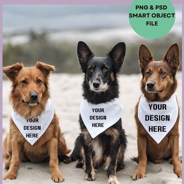 Group Dog Bandana Mockup Scene For Photoshop And Canva Easy Use Collar Apparel Drag Drop Mock Up Display PNG Bandana for German Shepherd