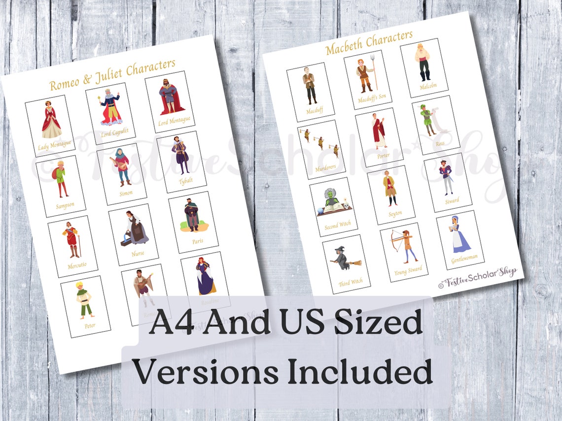 Macbeth and Romeo and Juliet Character Flashcards for Guessing Game ...
