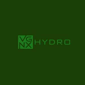 Op de afbeelding: Groen logo op een donkergroene achtergrond. Het logo toont de letters "VG" gestapeld boven "NX" in een groene vierkant. Rechts staat het woord "HYDRO" in groene, schreefloze letters.