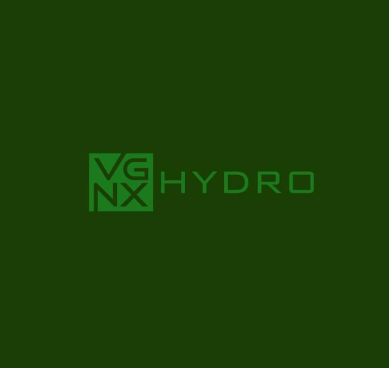 Op de afbeelding: Groen logo op een donkergroene achtergrond. Het logo toont de letters "VG" gestapeld boven "NX" in een groene vierkant. Rechts staat het woord "HYDRO" in groene, schreefloze letters.