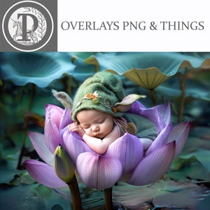 May include: A sleeping baby wearing a green elf hat and outfit, nestled inside a large, purple lotus flower. The image has a soft, dreamy quality, with the text "OVERLAYS PNG & THINGS" in the upper right corner.
