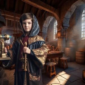 May include: A young person dressed in a blue and gold robe holds a brass telescope and a long, ornate, brass wand in a dimly lit room with stone walls and a large window.