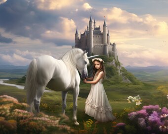 May include: A young girl in a white dress stands next to a white unicorn in a field with a castle in the background. The unicorn has a silver horn and a long white mane and tail. The girl is wearing a flower crown and has long brown hair.