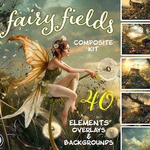 May include: A digital composite kit with 40 elements, overlays, and backgrounds featuring a fairy with wings sitting on a dandelion in a field of dandelions. The kit is titled "fairy fields composite kit".