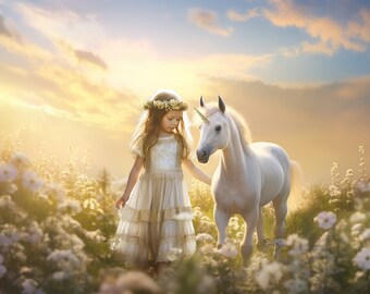 Baby Unicorn field of flowers Digital Backdrop / Unicorn Digital Background /  Fairy Tale / Fantasy / Photographers / digital Artist /