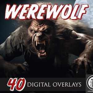 May include: A digital overlay pack featuring 40 werewolf images. The pack includes a variety of werewolf images, including close-ups, full-body shots, and action shots. The images are perfect for adding a spooky touch to your projects.