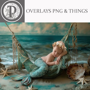 Könnte beinhalten: Ein Baby mit einer Muschelkrone schläft in einer Hängematte aus einem Fischernetz. Die Hängematte befindet sich an einem Sandstrand mit Muscheln und Seesternen. Der Hintergrund ist ein blaues Meer und ein blauer Himmel.