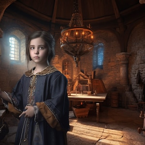 May include: A young girl in a blue and brown medieval dress holds a lit torch in a dimly lit stone room. The room has a wooden ceiling and a large chandelier hanging from it. There is a wooden table and chairs in the background.