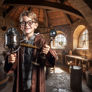 May include: A young boy wearing glasses and a brown robe holds a steampunk-style contraption with a lamp and a magnifying glass. The boy is smiling and looking at the camera. The background is a workshop with stone walls and wooden beams.