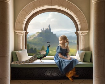 Princess Peacock Digital Backdrop / Story book Castle Background / Cinderella Fairytale Art / photoshop for kids / Template for photography