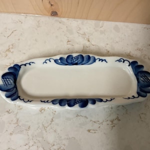 Russian Gzhel porcelain tray 8” blue & White