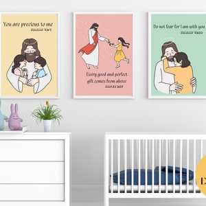 Children Wall Decor, Christian Nursery, Kids Bible Verse, Set of 6 Room Prints, Jesus and Children Art Prints, Sunday School