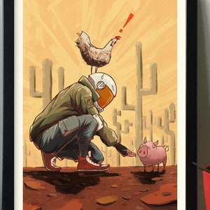 Illustrazione di astronauta, Illustrazione di fantascienza, astronauta e amici animali, Arte originale, Arte stampabile, Stampa su carta, Senza cornice