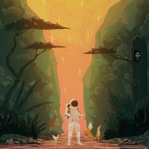 Astronauta nella foresta Illustrazione, Fantascienza, fauna selvatica, Arte originale, Arte stampabile, Stampa su carta, Senza cornice