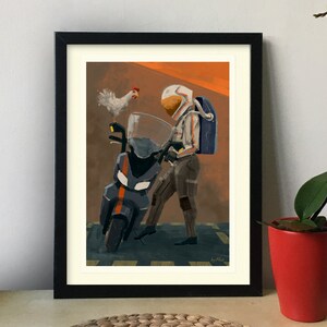 Illustrazione di un amico di gallina e pollo astronauta, Corsa di astronauta, Arte originale, Arte stampabile, Stampa su carta, Senza cornice
