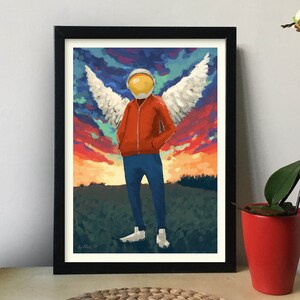 Astronauta al tramonto, Illustrazione di un angelo astronauta, Giacca casual, Arte originale, Arte stampabile, Stampa su carta, Senza cornice