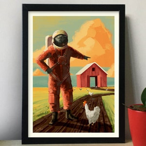 Illustrazione di astronauta, Astronauta in una fattoria, Pollo in una fattoria, Arte originale, Arte stampabile, Stampa su carta, Senza cornice