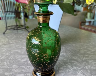 Vintage green glass decanter bottle gold floral