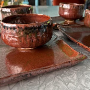 Japanese Studio Pottery 11 piece dinnerware set for 4 plus extra plates, Wabi Sabi Brutalist Stoneware, Hand Built Reactive Glaze, Signed