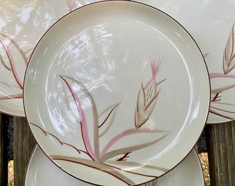 Dragon Flower Set of 4 Dinner Plates Winfield Pottery Mid Century Modern Pink Brown Wheat Plates