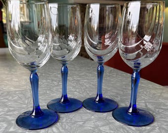 Set of 4 Lenox vintage crystal wine glasses blue stem dual swag drape