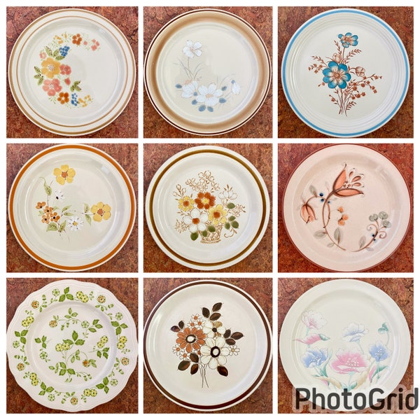 Pick your own mismatched stoneware dinner plates country garden floral,  pinks, green, brown, pastels, yellow, blue, daisy, earth tones